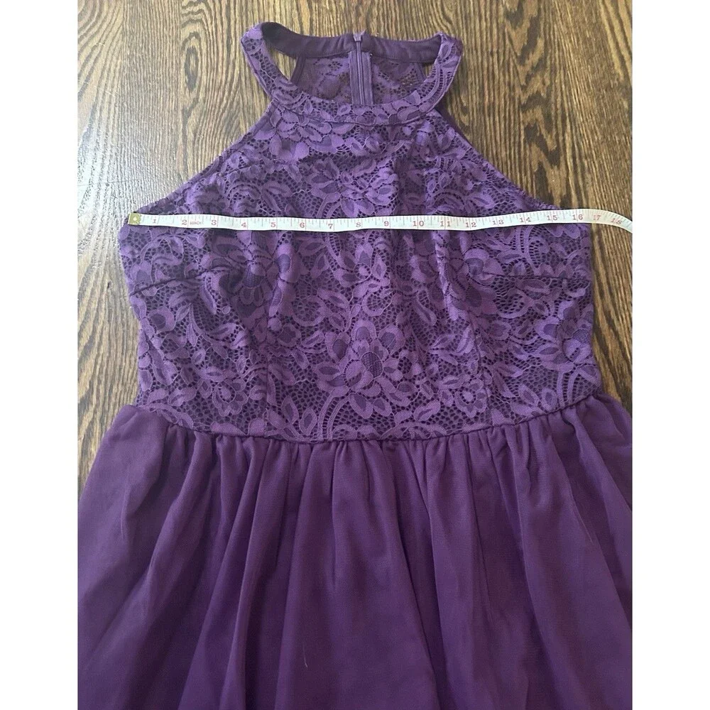 Zapaka Purple Halter Lace Floral Mini Dress Lined Zipper Size XL Party Formal - Picture 4 of 7